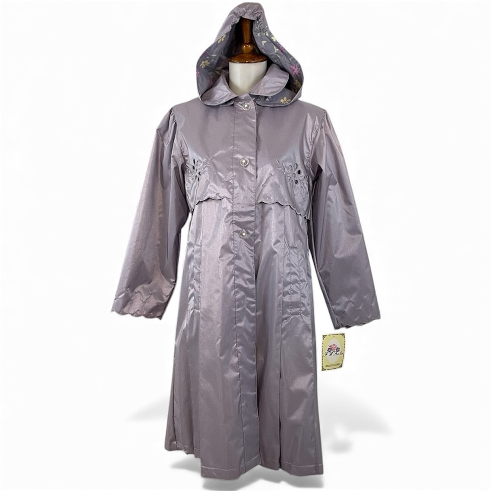 Vintage 80s Raincoat Women’s L‎ Iridescent Purple Hooded Button Down Eyelet